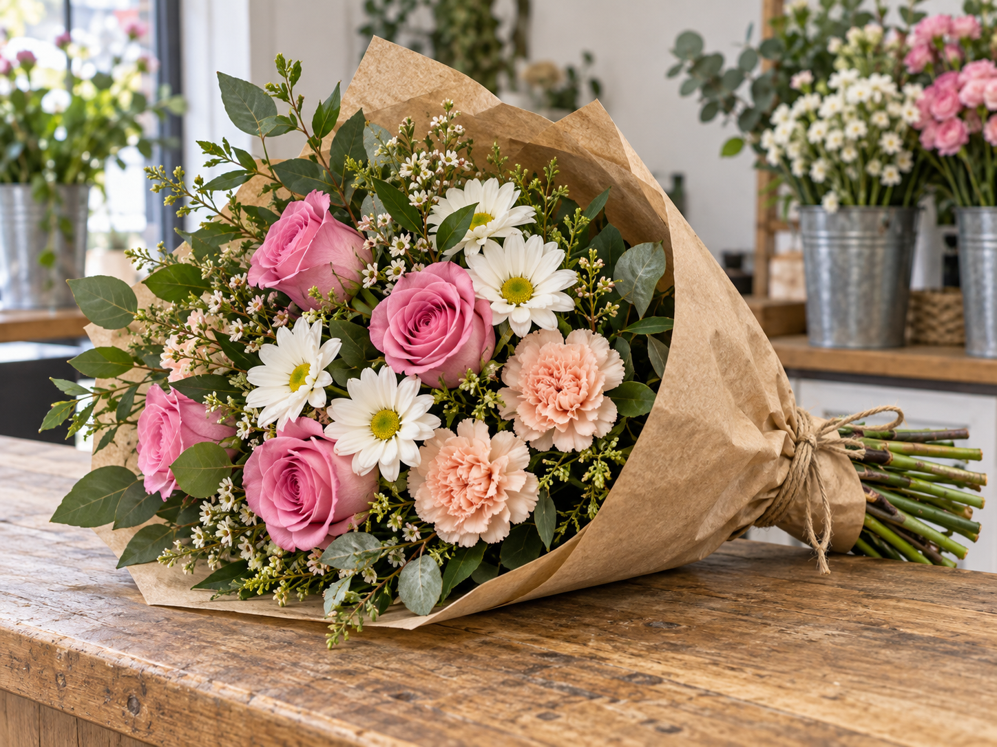 Fresh pink and white hand-tied bouquet wrapped in kraft paper on a florist counter
