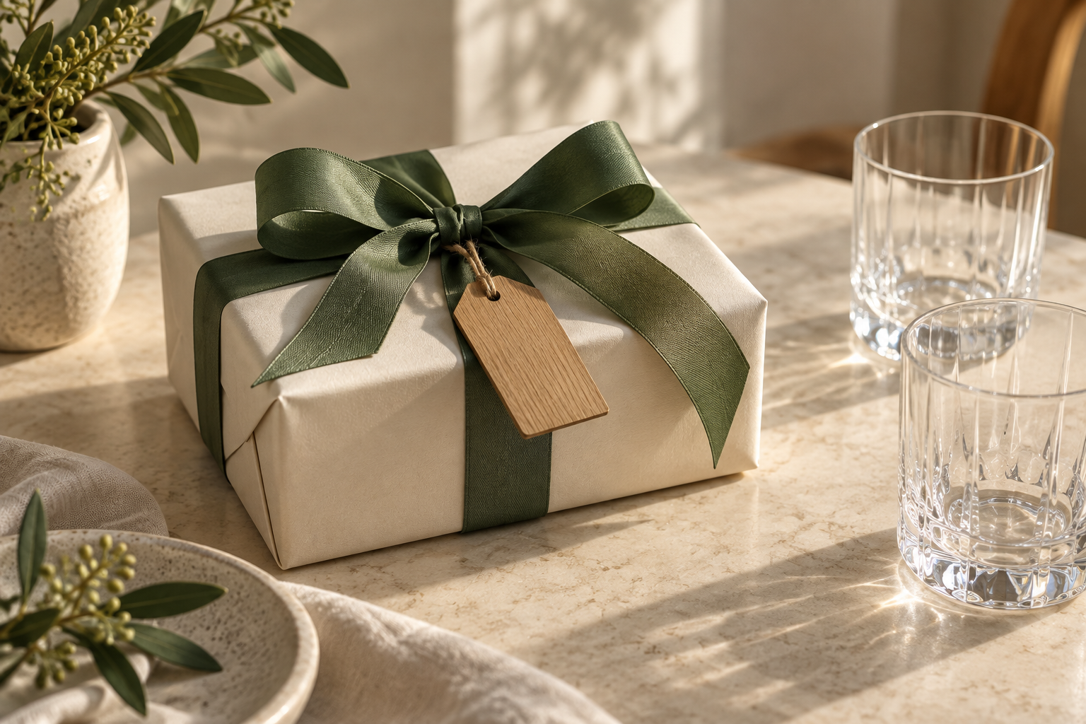 Gift presentation inspiration: a cream gift box with green ribbon and glassware