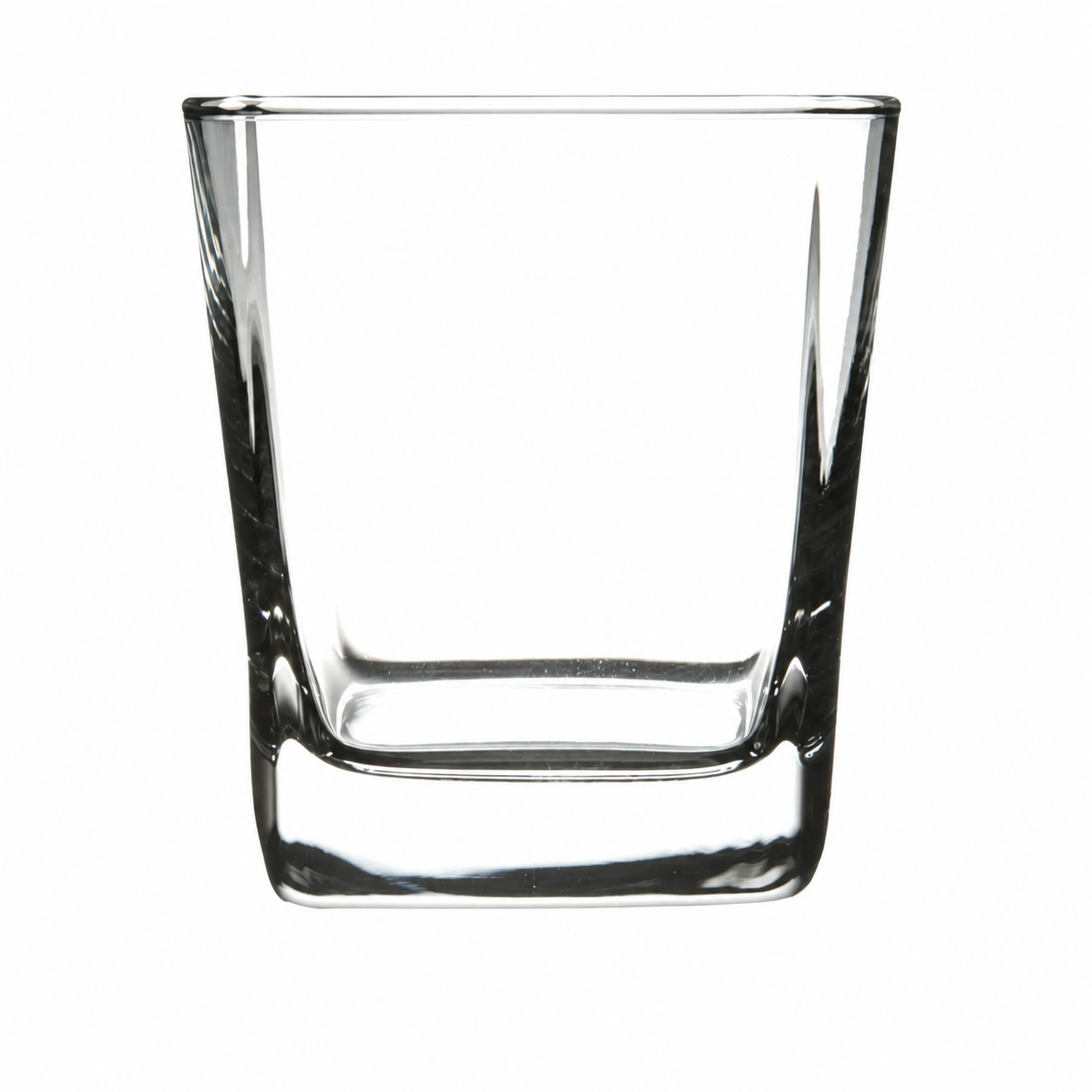 Front view of a clear square heavy-base glass
