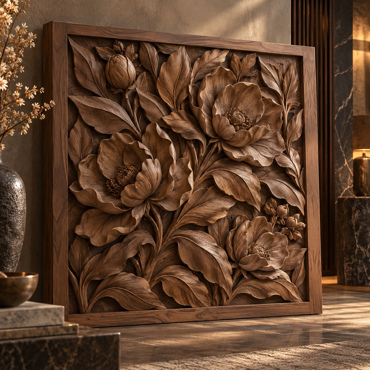 AI-created carved walnut relief concept