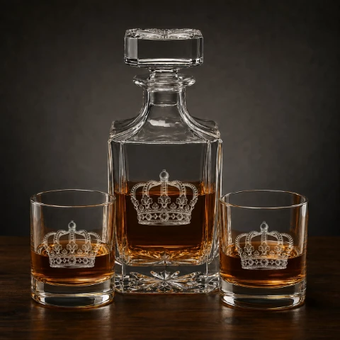Royal Heritage crown engraving on a complete decanter set