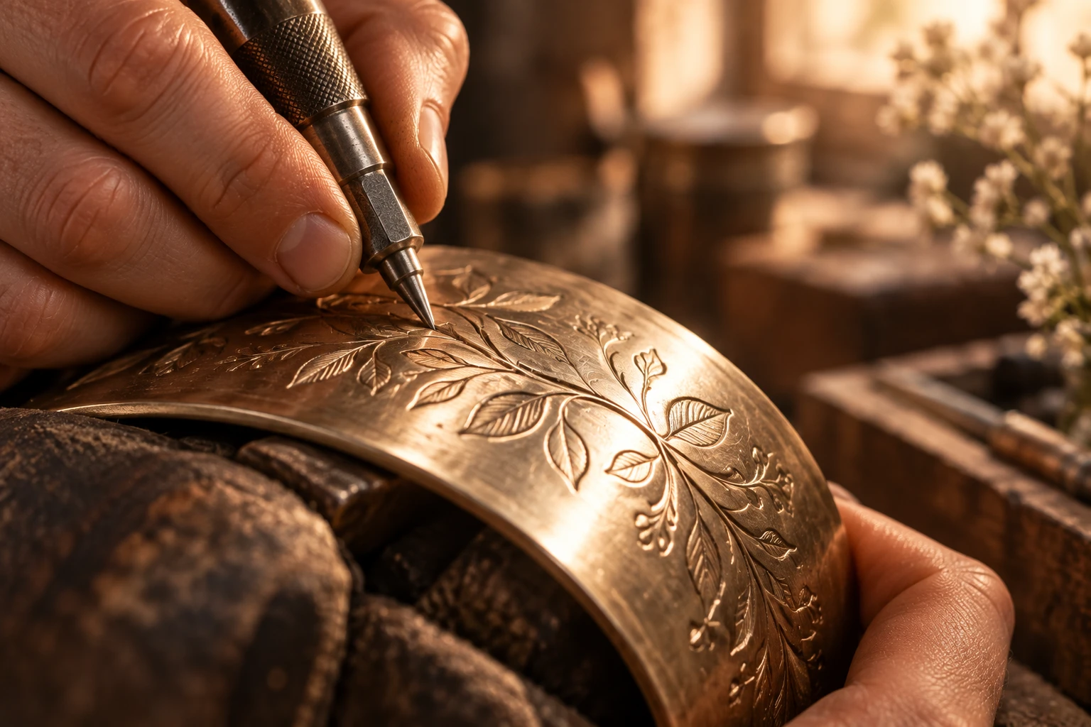 Concept close-up of hands engraving a botanical pattern into a brass keepsake