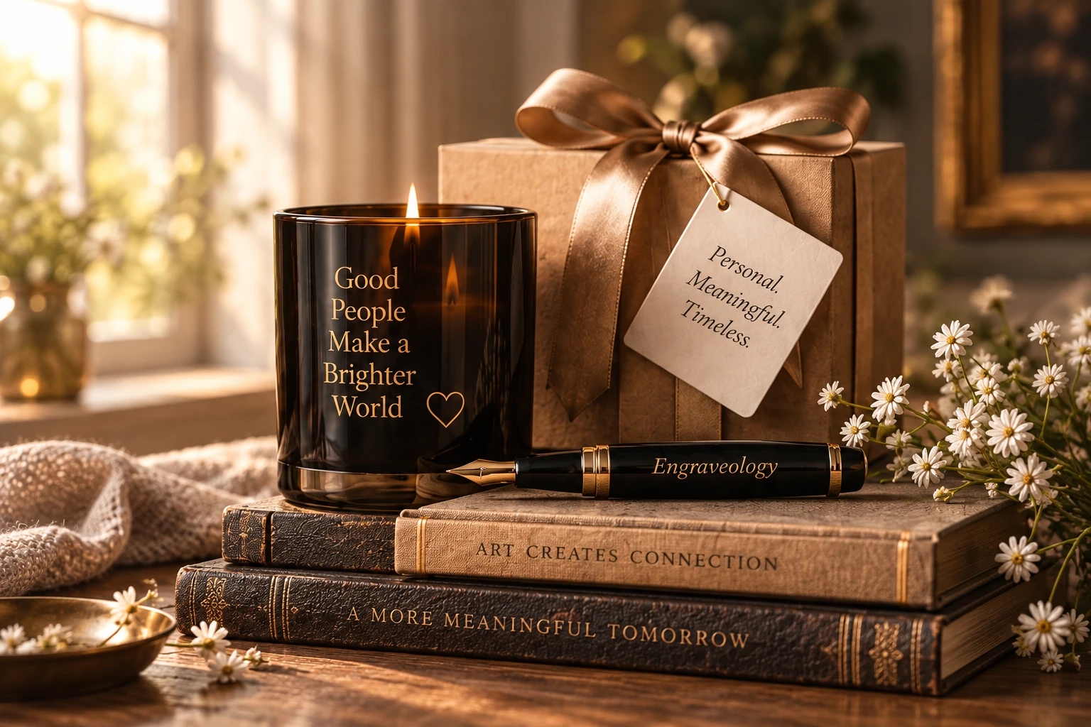 Amber candle, champagne-ribbon gift box and Engraveology pen arranged on books in warm window light